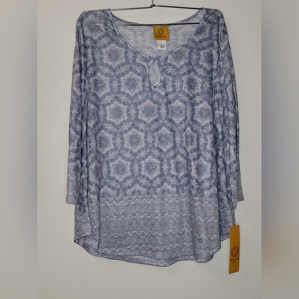 New Ruby Rd. Blue Geometric 3/4 Sleeve Keyhole Blouse Shirt Top Sz. L